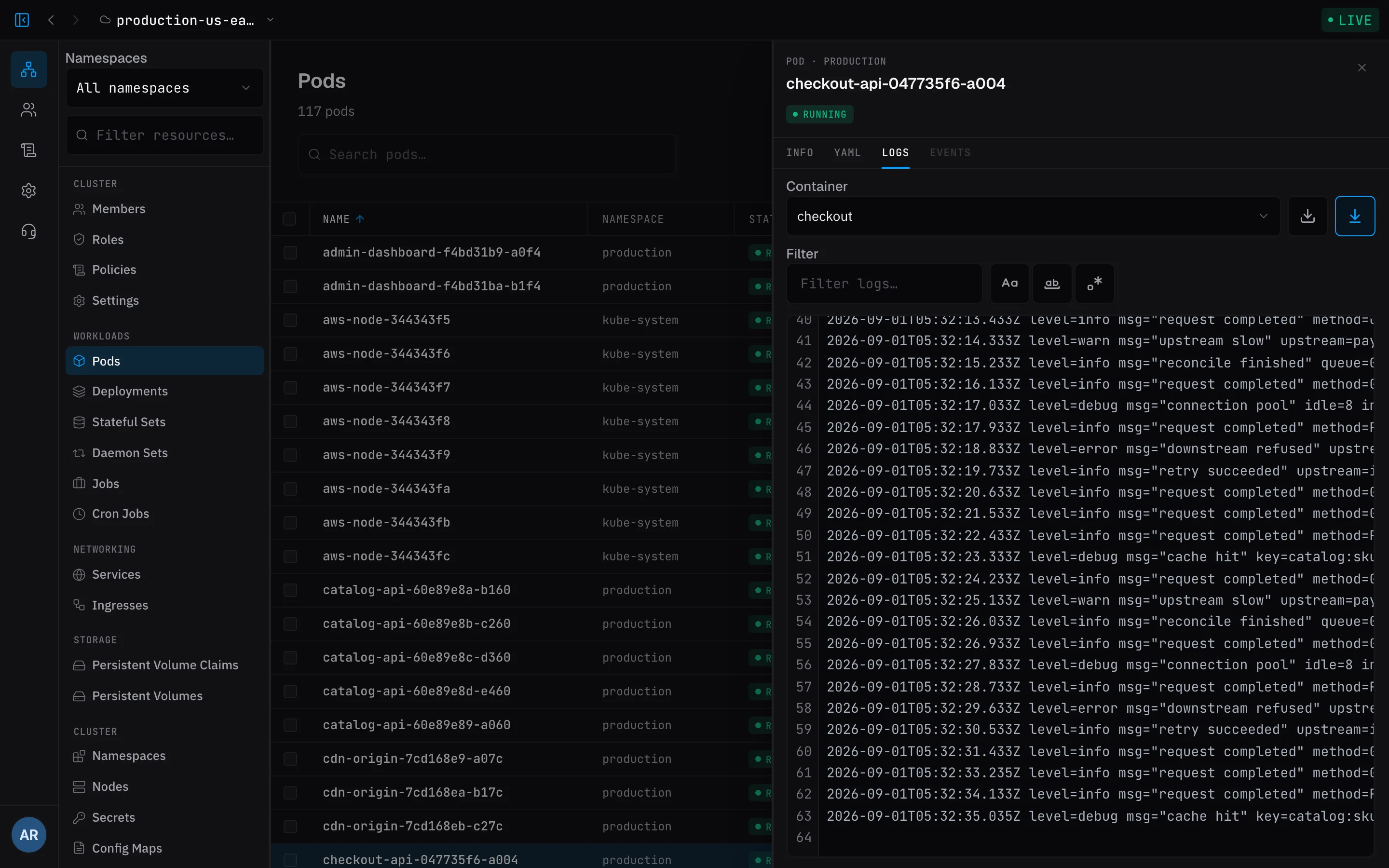A container's logs streaming in the detail panel next to the pod list