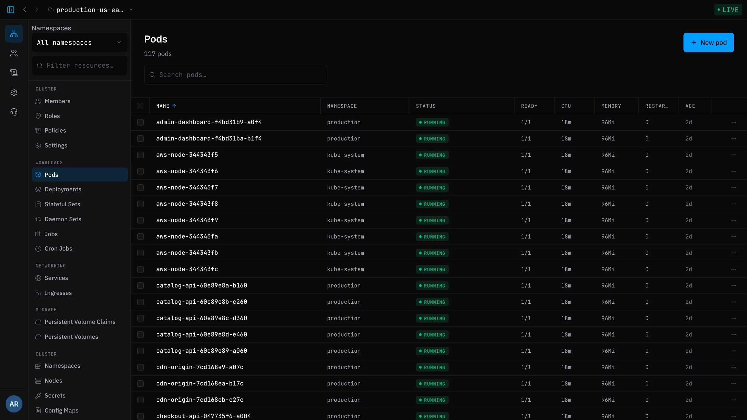 Every pod in a connected cluster, live, with status and resource usage